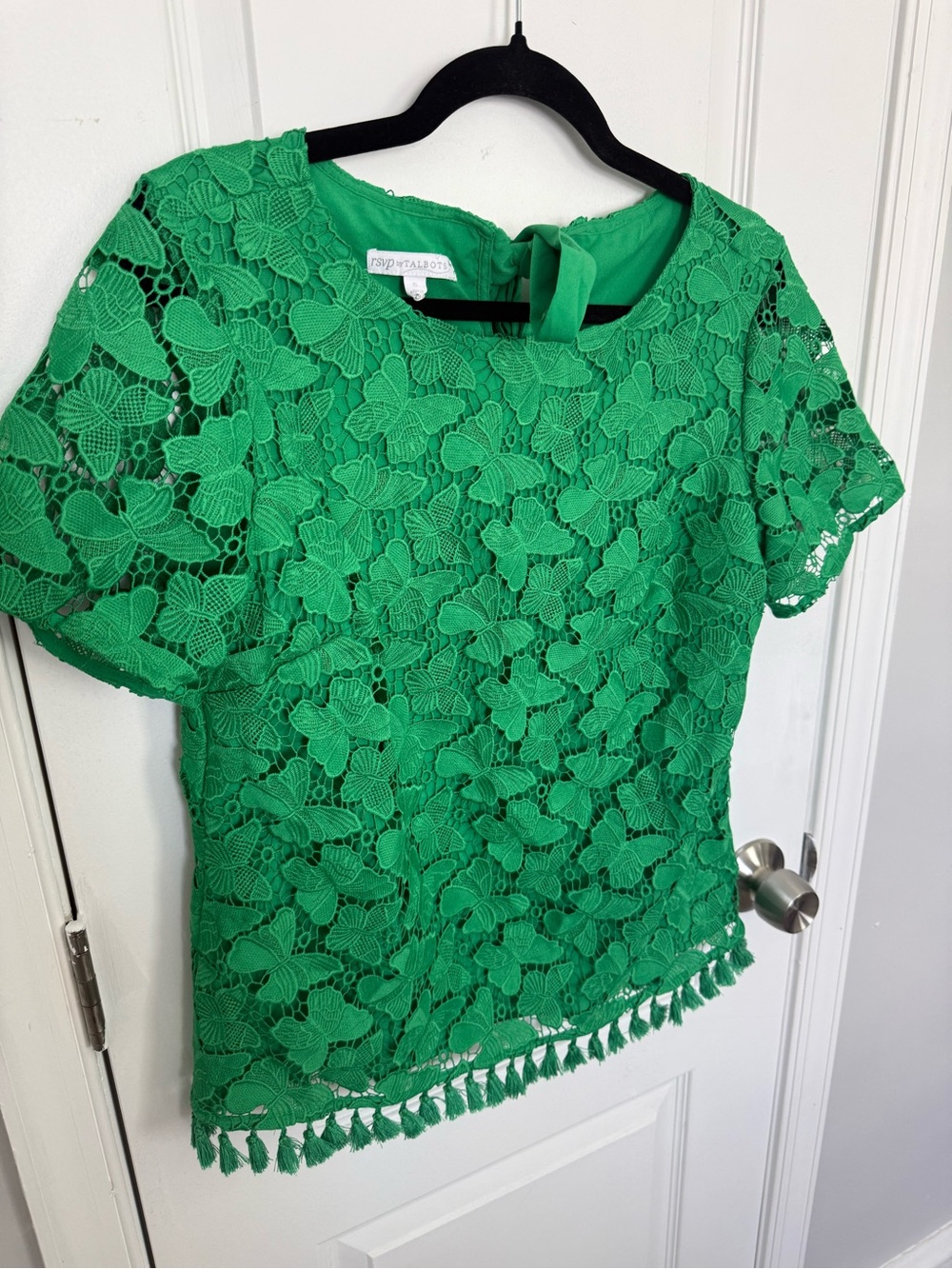 Talbots Green Floral Lace Short Sleeve Tassel Hem Top